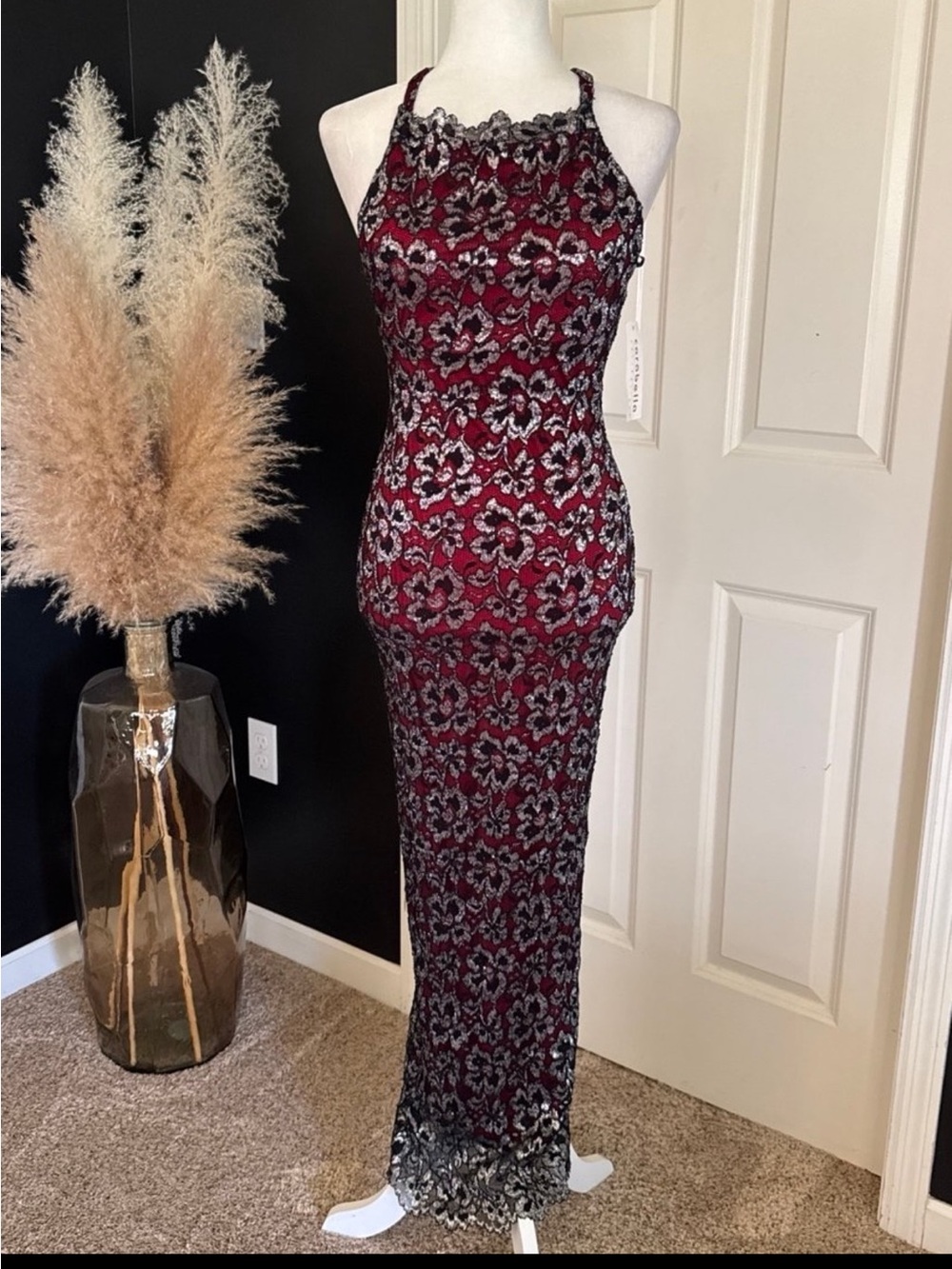 NWT Vintage Carabella RED/BLACK Silver Shimmer Floral Evening Gown size SMALL